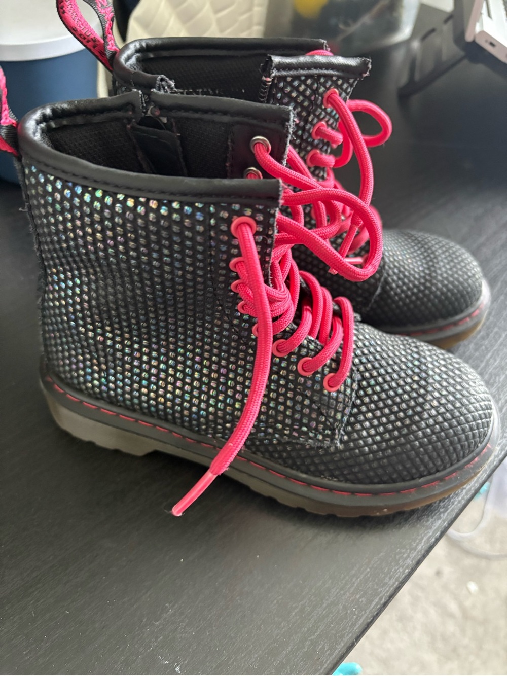 Dr. Martens Kids Black Glitter Combat Boots with Pink Laces